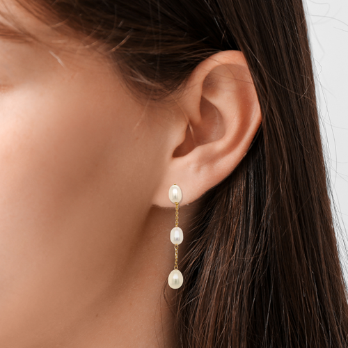 Pearl Chain Drop Earrings - Yellow Gold